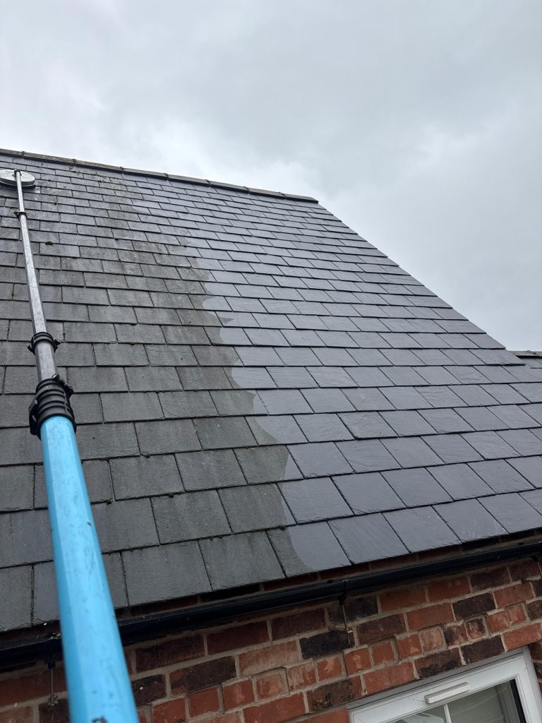 Slate roof part-way through cleaning with a water-fed pole